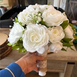 Handmade White Faux Flower Bridal Bouquet with Burlap Lace Wrapped Handle
